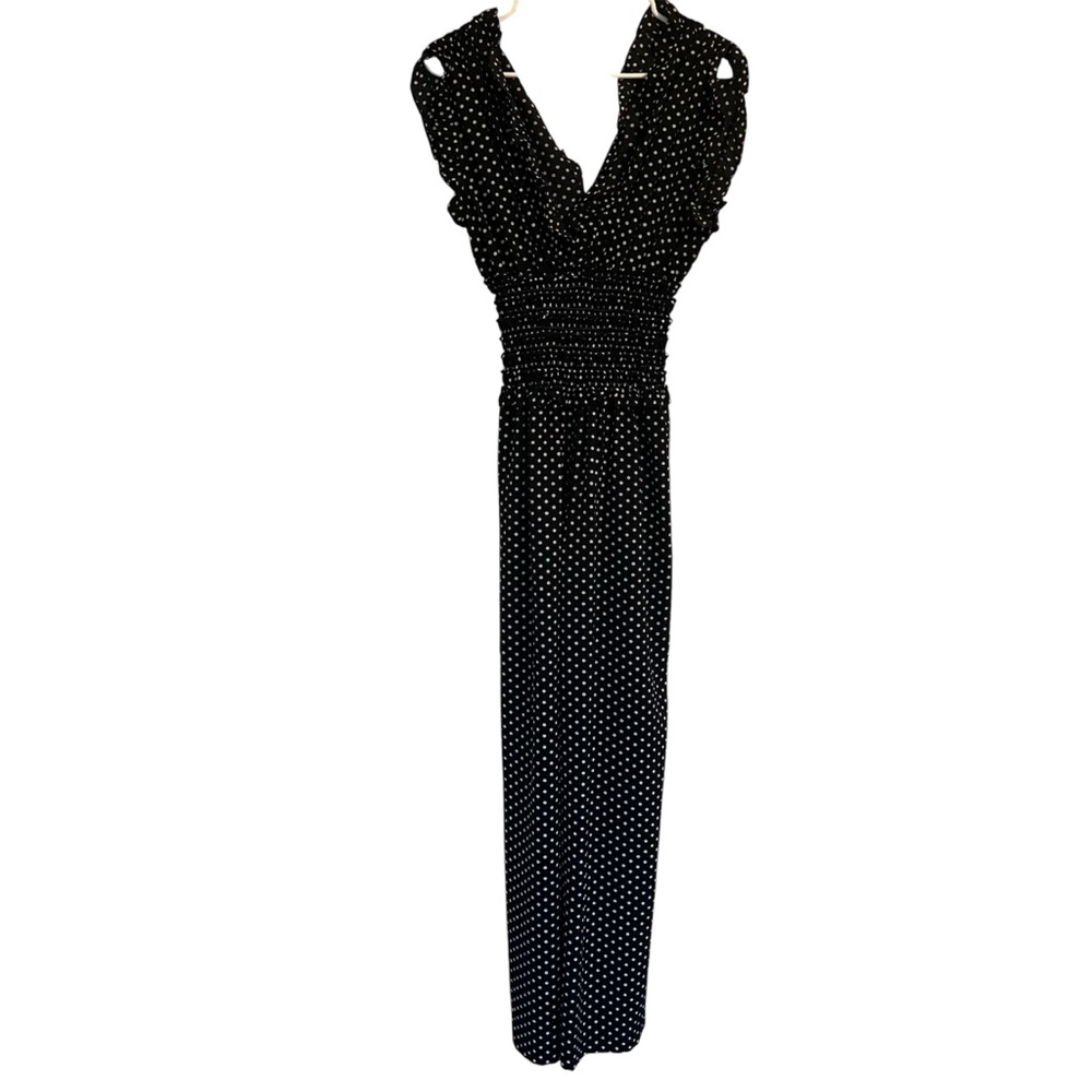 Max Studio Vintage Polka Dot V Neck Maxi Jumpsuit Short Sleeve Elegant Retro XS